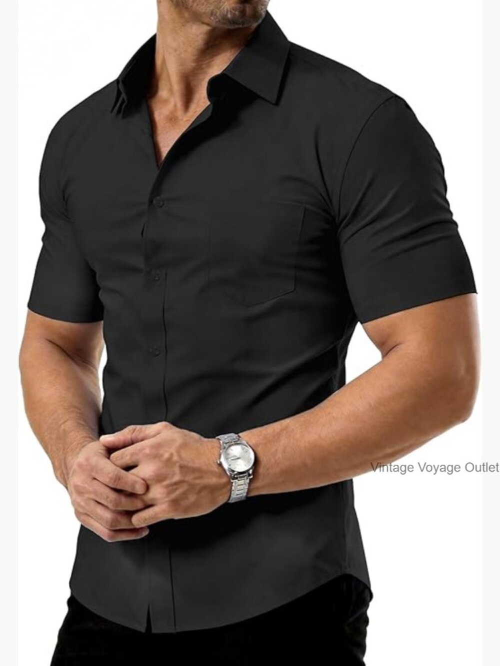 Men's Slim Fit Black Short-Sleeve Dress Shirt